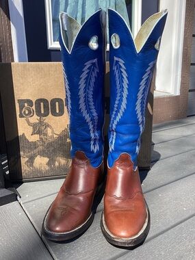 Men's Hondo model #5649 Buckaroo Boots - Brown w/ 17” Blue leather Uppers